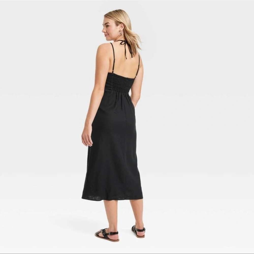 Universal Thread Midi Dress Womens Sz Medium Black Linen Blend Halter Lagenlook - Picture 2 of 8